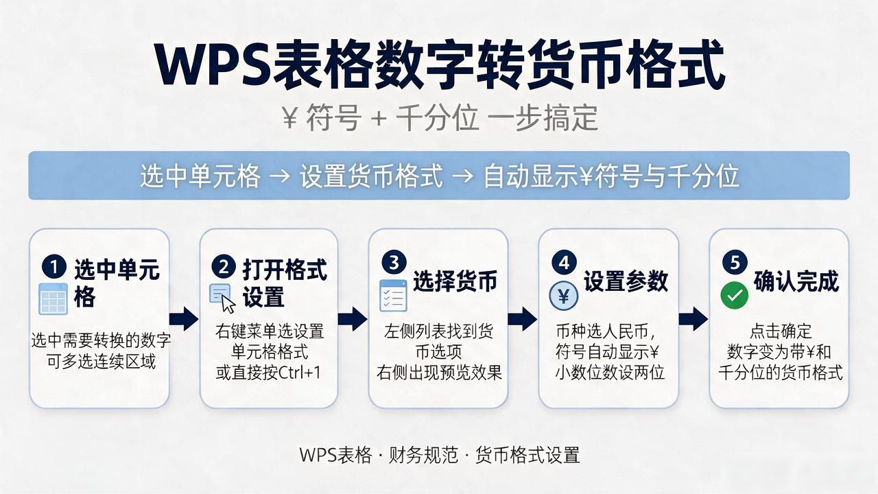 怎么把wps表格数字转为货币_WPS表格转换数字为人民币_避免多选技巧_财务规范小数位_WPS表格设置货币格式_带千分位_¥符号_操作步骤